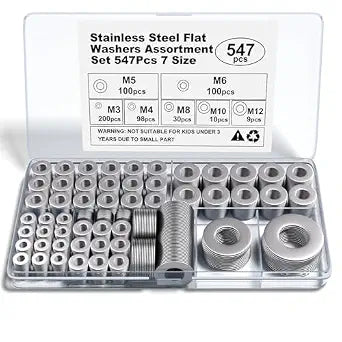 Stainless Steel Flat Washers Assortment, 18-8 (304) Stainless Steel, 547-Piece Set (Assorted Metric Sizes M3-M12, 3mm, 4mm, 5mm, 6mm, 8mm, 10mm, 12mm) with Plastic Storage Case