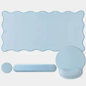 Sabary Scalloped Desk Mat Keyboard Mouse Pad Set Blue 31.5 x 15.7 Inch