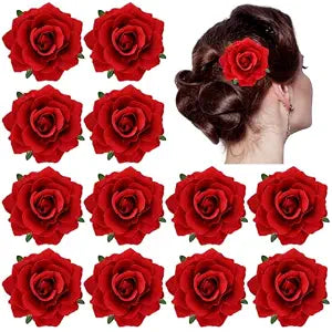 Dizila 12 Pack Flamenco Dancer Mexican Red Rose Flower Brooches Pins Alligator Hair Clips Barrettes Prom Party Wedding Bridal Hair Accessories Headpieces for Women Girls