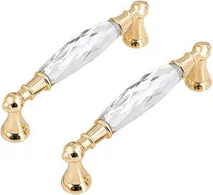 MFYS 2 Pack Crystal Drawer Pulls Handles Clear Crystal Cabinet Pulls Gold Drawer Knob Pull Glass Dresser for Bathroom Cupboard Knob (2, 3-3/4" Hole to Hole)