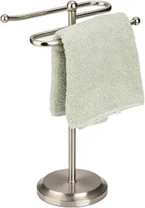 J&V TEXTILES Classical Steel Towel Rack Holder Stand with 2 Hanging Rings for Bathroom Vanity Countertops - Space Saving Hand Towel Holder (Brushed Satin Nickel)