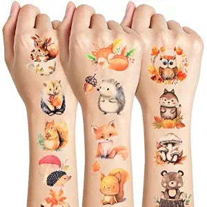 Konsait Watercolor Animal Temporary Tattoos, 71 PCS Forest Animals Fake Tattoo Woodland Animal Fox Owl Squirrel Rabbit Cute Tattoos Fall Party Favors Body Makeup Tattoo 10 Sheets