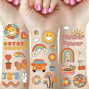 Groovy 70s Hippie Temporary Tattoos, 75 Pcs Flower Power Stickers