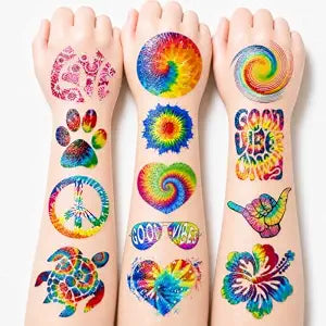 60 PCS Tie Dye Pre-cut Temporary Tattoos for Kids - 90s 80s Retro