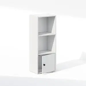 Furinno LUDER Display Shelf, 3-Tier Standing Storage Shelves with Door Cabinet, Book Shelf with Open Storage, for Organization and Storage, Living Room, Home Office, White