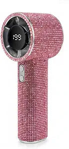 Shining Crystal Glitter Design Portable Handheld Fan Bling Mini Personal Hand Held Fan,Digital Display,Rechargeable Mini Fans for Outdoor Indoor (Pink)