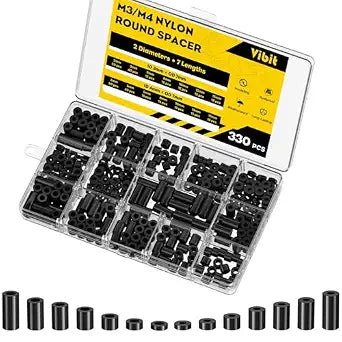 Vibit 330 Pcs M3/M4 Nylon Spacers for Screws, ID 3 mm/4 mm & OD 7 mm, 10 Lengths 2 mm 3 mm 5 mm 8 mm 10 mm 12 mm 15 mm, Non-Threaded Plastic Spacers, Nylon Round Spacers for M3 M4 Screws, Black