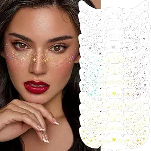 HyperFun 12Pcs Face Glitter Freckles, Face Glitter Fake Freckles Sticker, Gold Sliver Holographic Multichrome Waterproof Sparkle Freckles Makeup Patches for Women Rave Festival Accessories Party Prom