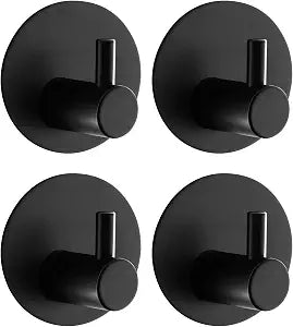 Towel Hooks for Bathroom (4 Pack) Adhesive Towel Hook Shower Hooks for Inside Shower - Sticky Bathroom Wall Hooks for Hanging Towels, Robe, Loofah, Bath Sponge - Matte Black Towel Hooks
