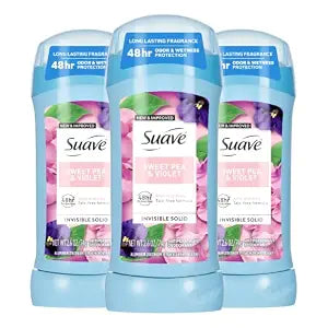 Suave Antiperspirant Deodorant For Women, Invisible, 48hr Odor & Wetness Protection, Sweet Pea & Violet Fragrance, Sensitive Skin Deodorant Solid Stick, 3 Count, 2.6 oz EA
