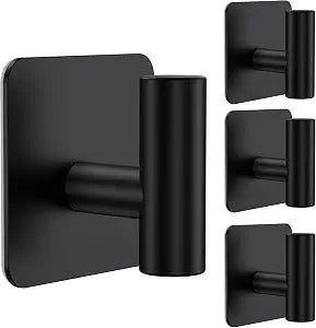 Aikzik 4 Pack Large Heavy Duty Wall Hooks - 26lb Max, Stainless Steel Adhesive Towel Hook, Shower Hooks for Hanging Towel, Coat, Robe, Wall Hook for Use in Bathroom, Kitchen and Door, Matte Black