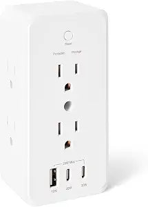 Amazon Basics Wall Mount Surge Protector Power Strip with 9-in-1 Hub, 1080 Joules, 6 AC Outlets, 1 USB-A and 2 USB-C (20W Fast Charging), White