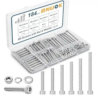 184 PCS M5 Screws Assortment Kit, 304 Stainless Steel M5 Bolts Kit, M5x 30/35/40/45/50/60mm, Hex Socket Head Cap Screws Bolts Nuts Washers Set