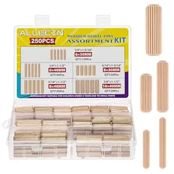 5 Sizes 250Pcs Wooden Dowel Pins Kit 1/4 3/8 5/16 Inch Small Fluted Wood Dowels Pegs Hardwood Pin for Furniture Woodworking Crafts