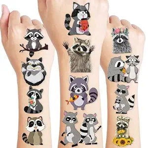 96PCS Cute Funny Raccoon Pre-Cut Temporary Tattoos for Kids Adults