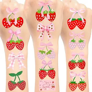 96 PCS Pink Bow Strawberry Temporary Tattoos Stickers, Pink Bow Strawberry Party Favors Birthday Party Decorations Berry Sweet Strawberry Theme Tattoos for Wedding Bridal Shower