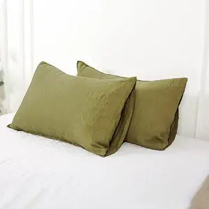 Simple&Opulence 100% Linen Pillowcases 1 Pair Basic Style Envelope Overlap Closure French Natural Washed Flax Shams Set of 2, Standard Queen Size 20"x30", Olive Green