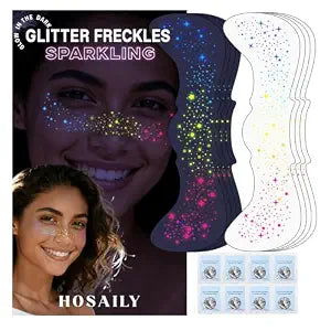 HOSAILY 8pcs Rainbow Face Glitter Freckles Temporary Tattoos, Glow Under UV Light in The Dark Neon Blacklight Multichrome Fake Speckles Patches Makeup, Cute Star Rave Accessories for Party Festival