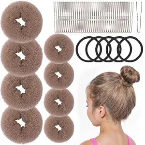 FANDAMEI Donut Bun Makers- 4PCS Extra Small 4 PCS Small Hair Bun Maker for Kids, Ballet Bun Donuts for Hair, with 5 Elastic Hair Ties and 40 Pins (Tan Brown)