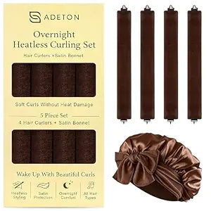 Heatless Curls Overnight, Velvet Heatless Hair Curler Set with Hook Closure – 4 Soft Hair Rollers Blowout Rods + Satin Hair Bonnet for Sleeping, Flexi Rods for Long Hair Women (A - BROWN)