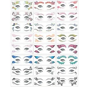 Konsait 24 Sheets Face Eye Tattoos Temporary Eyeshadow Stickers Black Lace Temporary Tattoos for Women Girls Eyeliner Stickers Tattoo Makeup for Halloween Christmas Birthday Masquerade Party