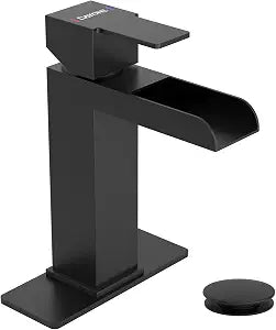 DAYONE Matte Black Single Handle Bathroom Sink Faucet, 1 Hole Waterfall Bathroom Faucets with Pop Up Drain Stopper, Single Hole Mixer Tap Includes Optional 6-inch Squre Deckplate Stainless Steel