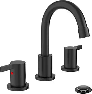 Phiestina Matte Black 8 Inch 3-Hole Widespread Bathroom Sink Faucet with Valve and Metal Pop-Up Drain Assembly, 2-Handle Low-Arch Bathroom Faucets Three Hole, WF015-1-MB