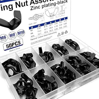 50PCS Metric Wing Nuts Assortment, M6 M8 M10, Black Zinc Plated