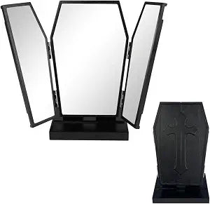 Gothic Coffin Trifold Vanity Mirror - Adjustable Angle Spooky Dark Aesthetic Makeup Mirror, Solid Wooden with Storage Tray, Dressing Table Decor for Goth Girls