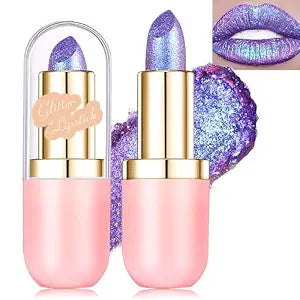 Purple Lipstick Makeup, Holographic Glitter Lip Stick Metallic Shine Long Lasting Lightweight Non-Sticky Hydrating Lip Tinted Full Coverage Sparkling Shimmer Chameleon Lipstick for Women