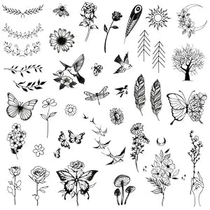 One Grace Mini Nature Temporary Tattoos - Realistic Long Lasting Waterproof Tiny Tattoos - Black and White Butterflies Bird Flower Rose Tree Branch Boho Small Tattoos for Women and Men