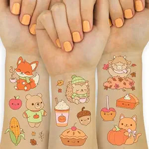 xo, Fetti 58 Fall Kawaii Tattoos - 2 Temporary Tattoo Sheets | Kawaii Party, Halloween, Pumpkin, Fall Theme, Kids Tattoos, Cute, Neutral Party