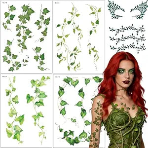 Green Ivy Temporary Tattoos Stickers and Green Face Gems Jewels Halloween Ivy Leaf Makeup Sets Accessories for Halloween Costumes Rave Cosplay Carnival Party Favors