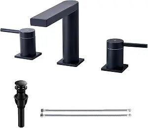 SHACO Matte Black Bathroom Faucet, 8 Inch Widespread Black Vanity Faucet,Two Handles 3 Hole Bathroom Sink Faucet with Pop Up Drain and Water Supply Lines, SC-YH1951B