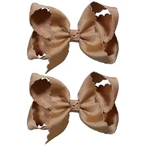 2Pcs 4inch Boutique Brown Grosgrain Ribbon Dressy Bow Alligator Clips with Scalloped Edge, Cute Fall Halloween Headwear Holiday Outfits Dress Decor Accessory for Teen Girls Gift