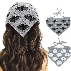 Acenail Bat Crochet Headbands Grey Ghost Bandanas Headband Gothic Head Scarf Halloween Hair Accessories for Women 2Pcs