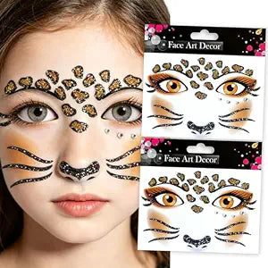 Leopard Face Stickers, 2 Sheets Glitter Leopard Temporary Tattoos with Rhinestones Self-Adhesive Leopard Face Jewels for Kids Girls, Halloween Animal Face Art Decor Makeup Party Supplies