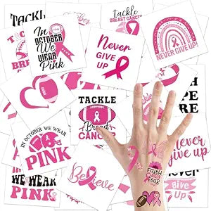 144Pcs Breast Cancer Awareness Temporary Tattoo - 2 Inch Football Pink Ribbon Non-Toxic Waterproof Body Stickers Tackle Breast Cancer Decor Art Decal Event Party Favor Supplies