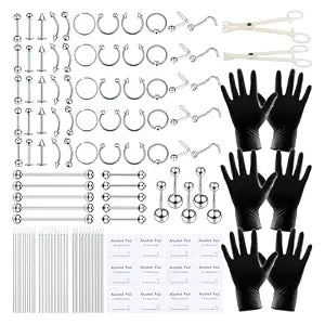 120PCS Body Piercing Kit Surgical Steel 14G 16G 20G BCR CBR Labret Lip Rings Cartilage Daith Earrings Nose Septum Nose Studs Belly Button Rings Jewelry Needles Gloves Clamps Tools