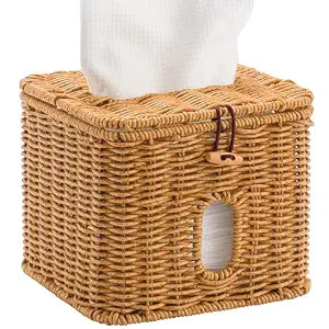 Facial Clean Skin Club Face Towels Holder for Bathroom, Plastic Rattan Disposable Face Towel Holder, Farmhouse Style for 50 XL Face Towels Box Basket with Lid, Light Brown