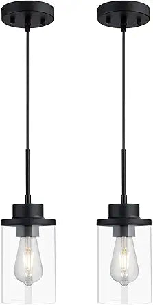 Black Farmhouse Clear Glass Cylinder Pendant Light, Modern Hanging Fixture
