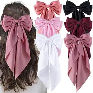6Pcs Large Bows Hair Clips for Women Girls Long Tail Hair Ribbon Silky Satin Barrettes Coquette Bows Accessories (Black/Pink/Red/White)