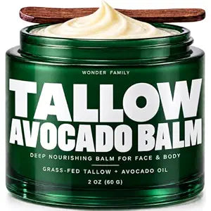 Beef Tallow & Avocado Balm for Skin & Face – Grass-Fed Beef Tallow with Avocado, Jojoba & Shea – Deep Moisturizer for Dry Skin – Includes Wooden Spatula & Pouch – For Men & Women