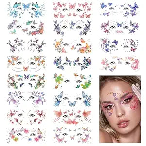 Konsait 20 Sheets Glitter Butterfly Temporary Face Tattoos for Women Girls, Butterfly Tattoos Halloween Face Makeup Tattoo Stickers for Eyes Party Favor Supplies