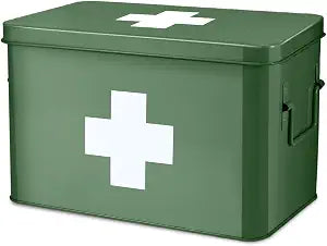 Flexzion Large Metal First Aid Box Empty, 13-Inch, Green with White Cross