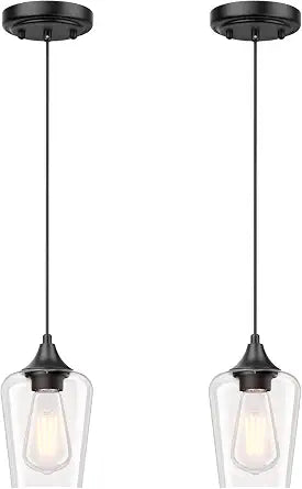 Ralbay Matte Black Industrial Pendant Light 2-Pack, Pendant Light Fixtures with Wine Clear Glass Shade, Adjustable Height for Kitchen Island, Farmhouse Dining Room Hanging Lighting Fixture