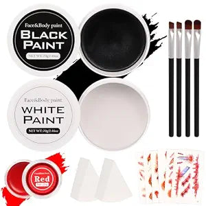 Halloween Makeup Kit for Adult, Black White Red Face Paint for Zombie Skeleton Clown Makeup with 4 Brushes, 2 Sponges, 6 Tattoos, Oil-based Face Painting Kit for Halloween Costume, Theme Cosplay