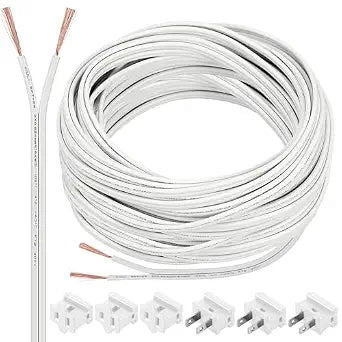 100ft SPT-2 Wire 18/2 Gauge Wire Lamp with Vampire Plug,White
