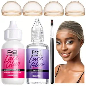 Fandamei Wig Cap Kit, 4PCS Ultra Thin Wig Caps for Women, Lace Glue for Wigs, Glue Remover. Natural Transparent Lace Wig Cap Light Brown, Waterproof Invisible Wig Adhesive. Hair Glue for Wigs Kit.