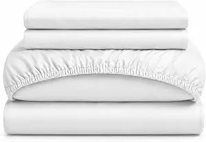 URBANHUT 100% Cotton Sheets Twin Size, 400 Thread Count -4Pc Sheet Set Bed Sheet for Twin Size Bed, Long Staple Sateen Weave Sheets, 14'' Elasticized Deep Pocket - White